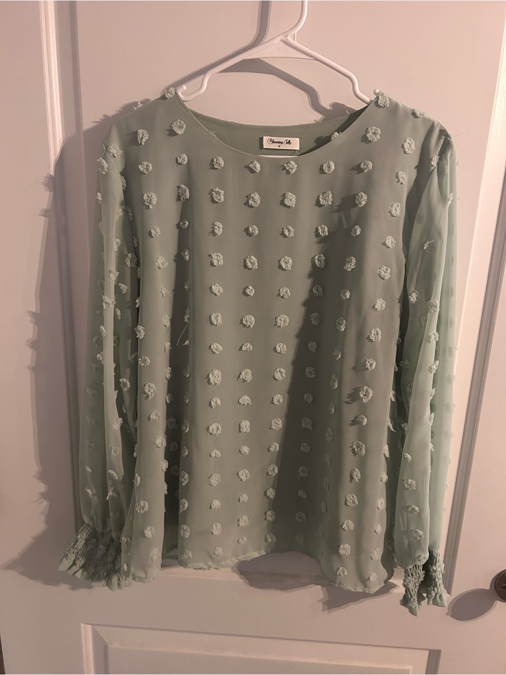 Pom-Pom Textured Long-Sleeve Blouse in Sage Green